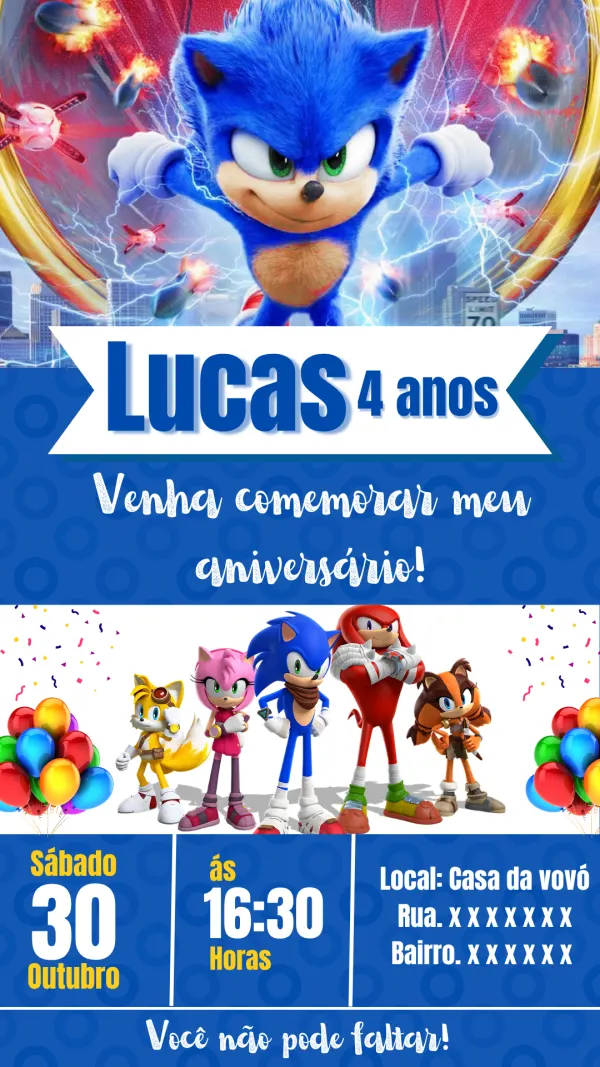 Convite Sonic - Lucas 4 anos